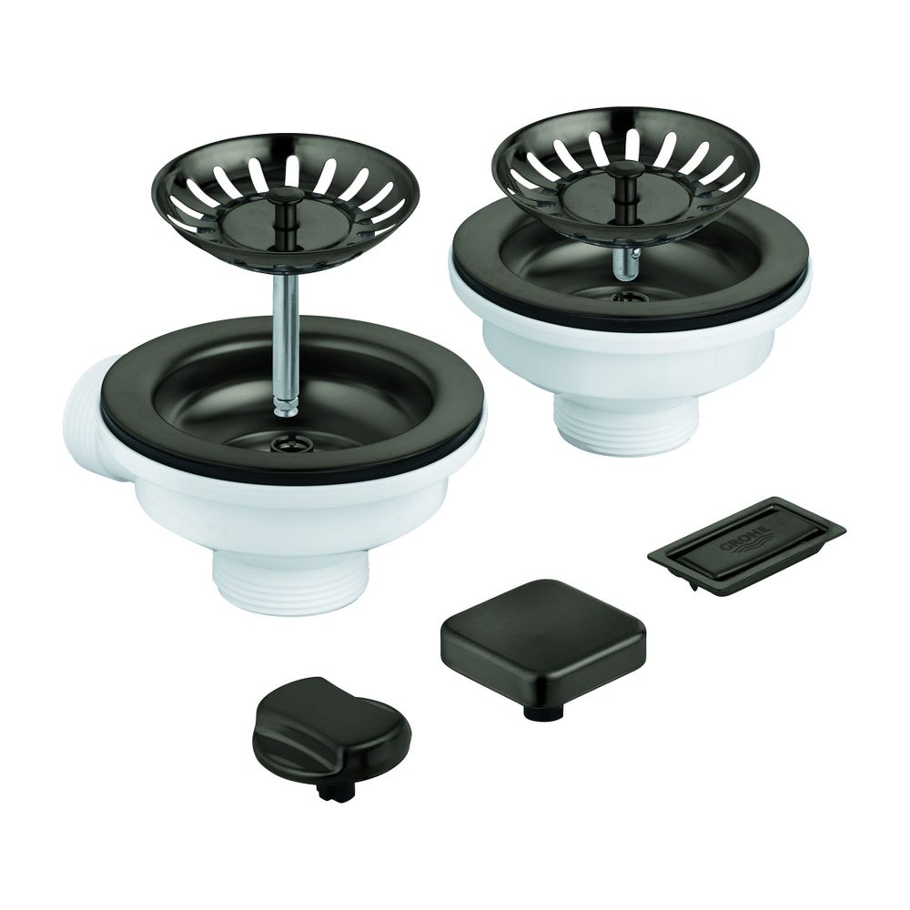 Garniture d'évacuation GROHE avec excentrique pour évier de cuisine à 2 bacs, capuchon rond / couvercle carré, finition Hard Graphite brossé
