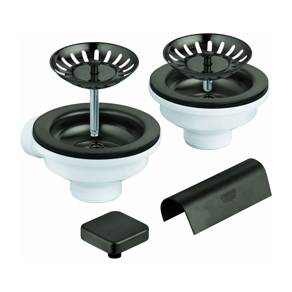 Garniture d'évacuation Grohe, avec excentrique pour éviers de cuisine à 2 bacs, couvercle/capot carré, finition Graphite brossé
