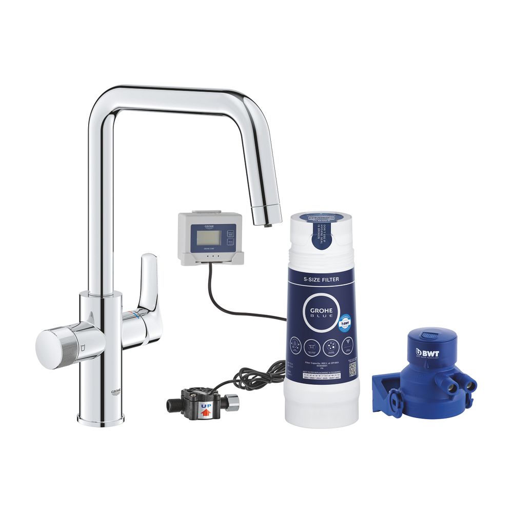 Kit de démarrage Grohe Blue Pure Eurosmart, bec en U, tête de filtre, débitmètre, filtre taille S, chromé, 30584000