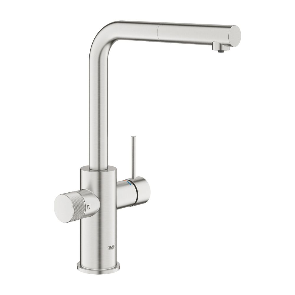 Robinetterie de cuisine Grohe Blue Pure Minta, mitigeur monotrou, bec en L, mousseur extractible, acier superfin