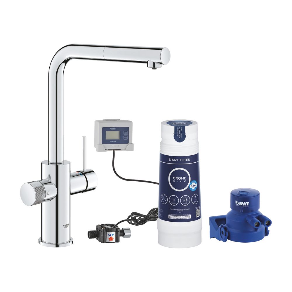 GROHE Blue Pure Minta Set de démarrage, bec L, pommeau extractible, tête de filtre, filtre S-Size, chromé, 30591000