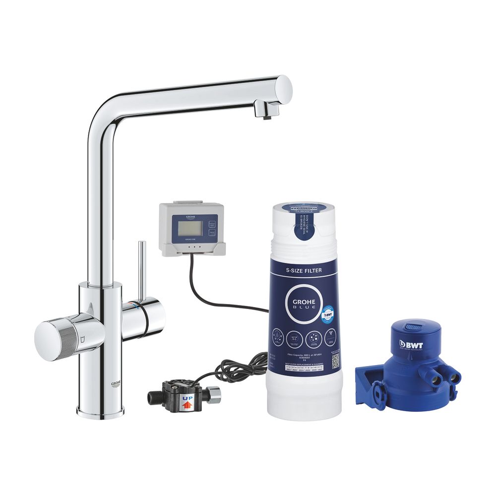 Kit de démarrage Grohe Blue Pure Minta, bec en L, tête de filtration, débitmètre, filtre taille S, chromé, 30589000