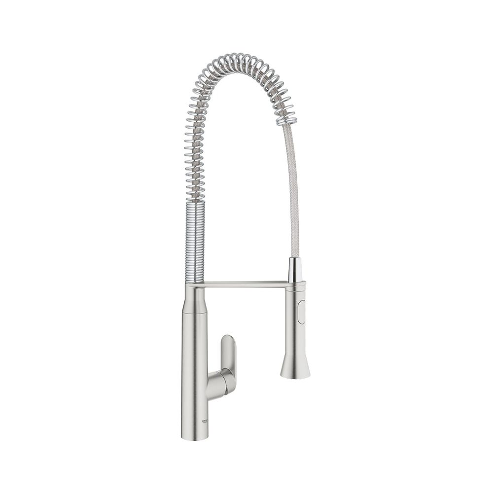 Robinetterie monocommande Grohe K7 pour évier, montage 1 trou, pommeau extractible SpeedClean Pro, hauteur 674 mm, Supersteel, référence 32950DC0