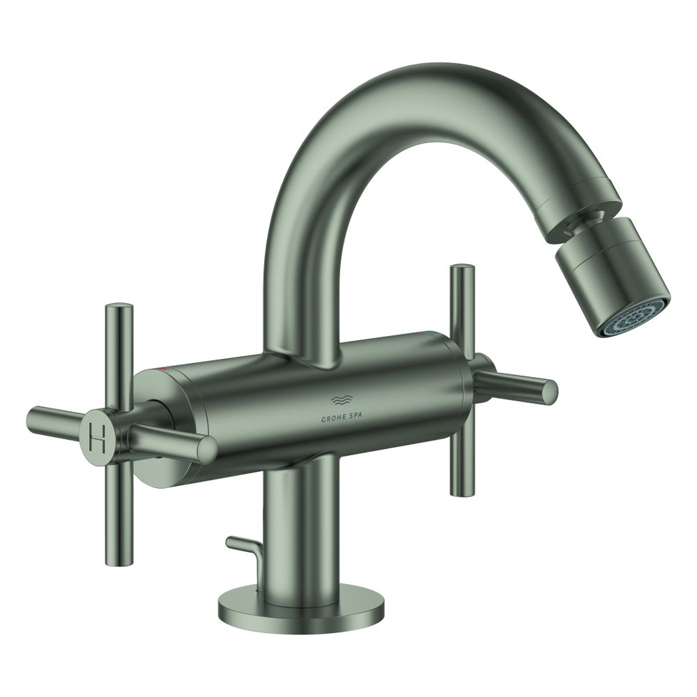 Robinetterie de bidet Grohe Atrio à deux poignées, montage 1 trou, avec poignées en croix, évacuation par tige 1 1/4", acier satiné, 24353MS0