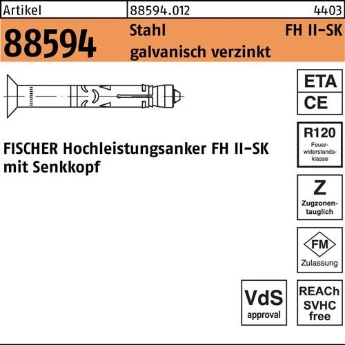 Cheville haute performance Fischer FH II 18/50 SK à tête fraisée — lot de 20 pièces