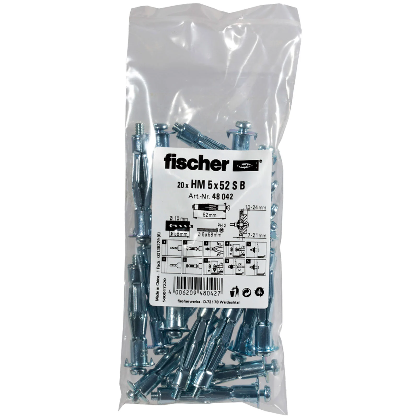 Fischer 20x cheville métallique pour cavités HM 5 x 52 S B en sachet - 048042 — lot de 20 pièces