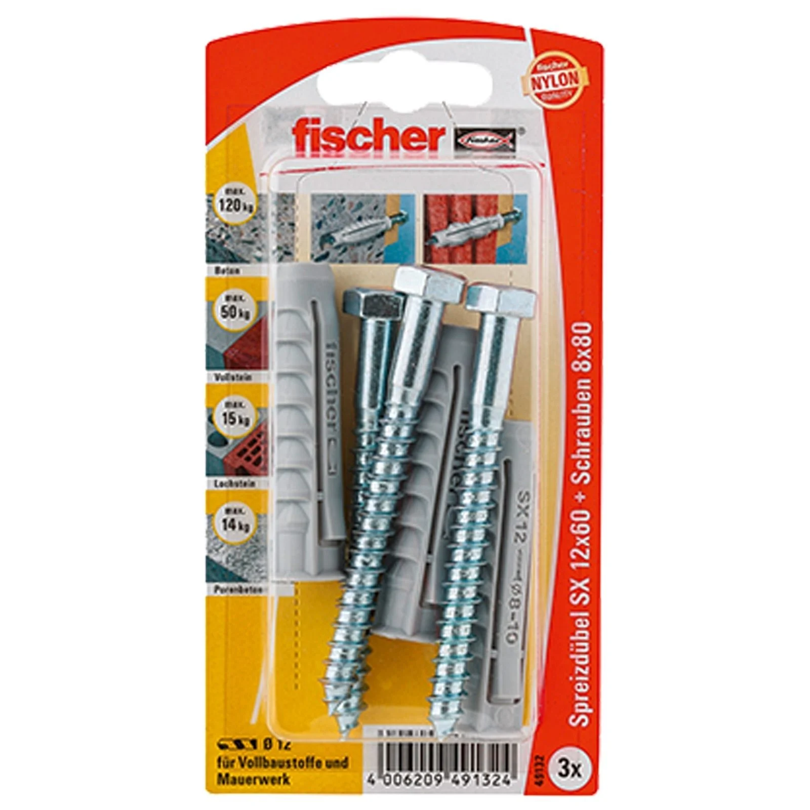 Fischer 3x cheville SX 12x60 S avec vis - 49132 (fin de série) — lot de 3 pièces