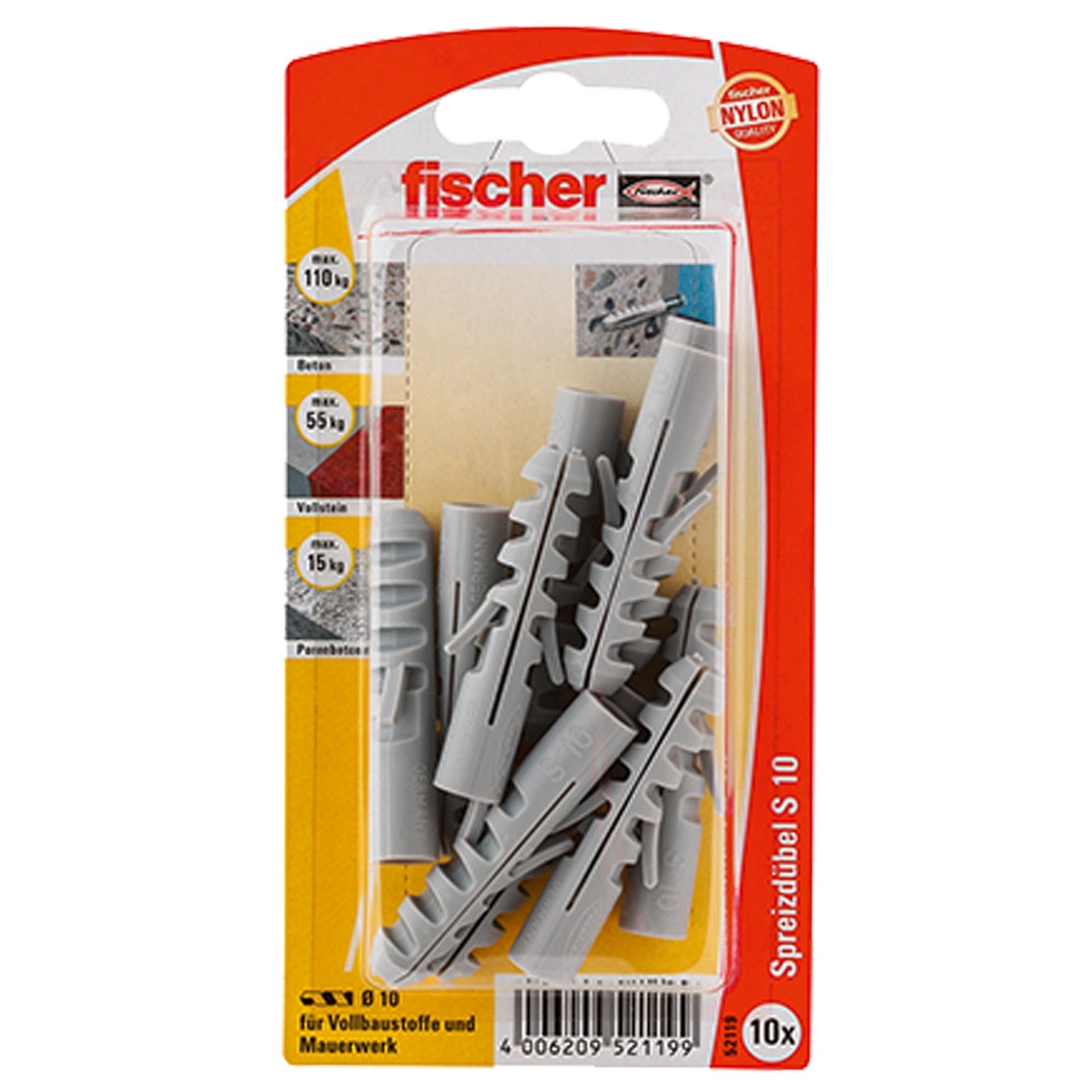 Fischer 10x cheville d'expansion S 10 - 52119 — lot de 10 pièces
