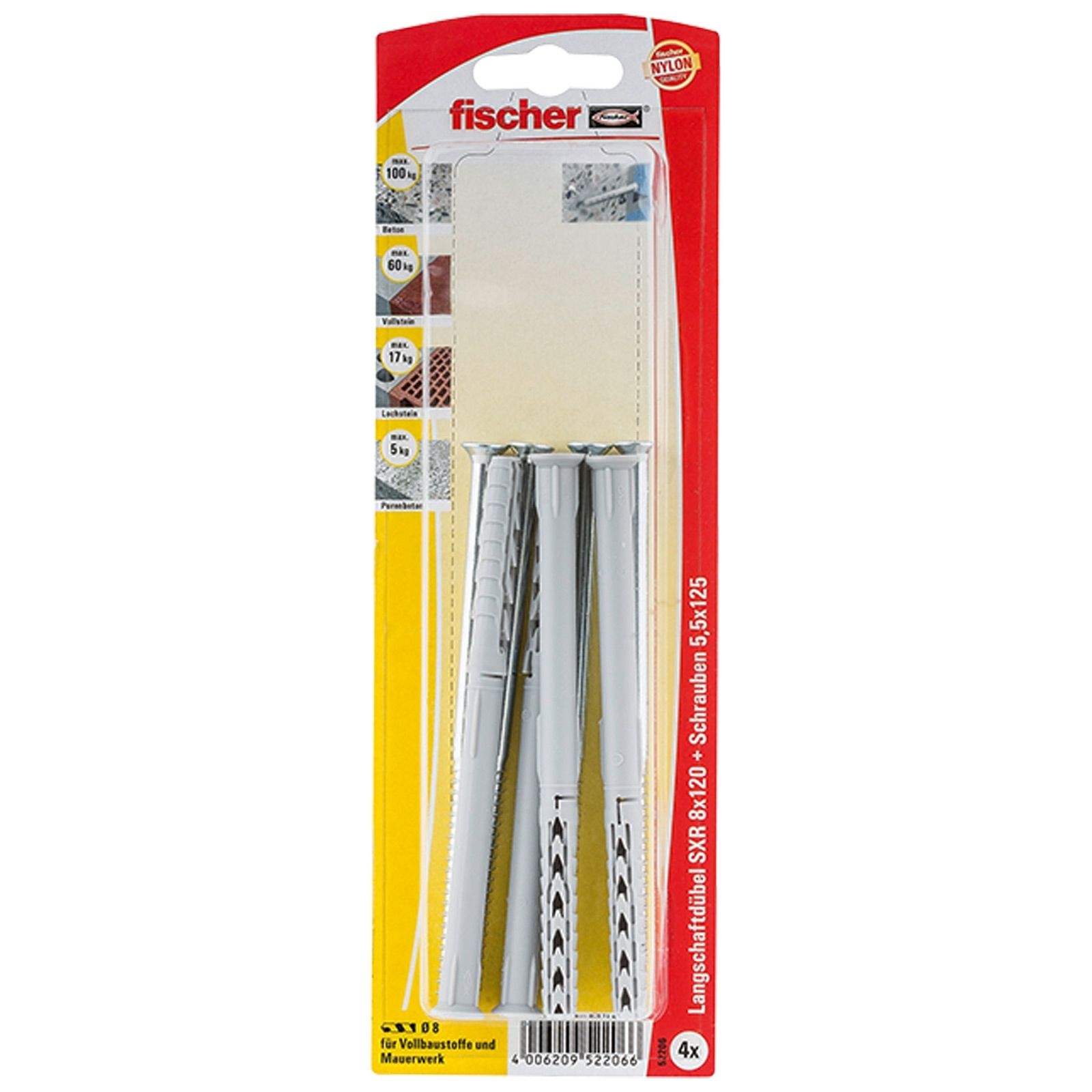Fischer 4x cheville à tige longue SXR 8x120 vis à tête fraisée (PZ) - 52206 — lot de 4 pièces