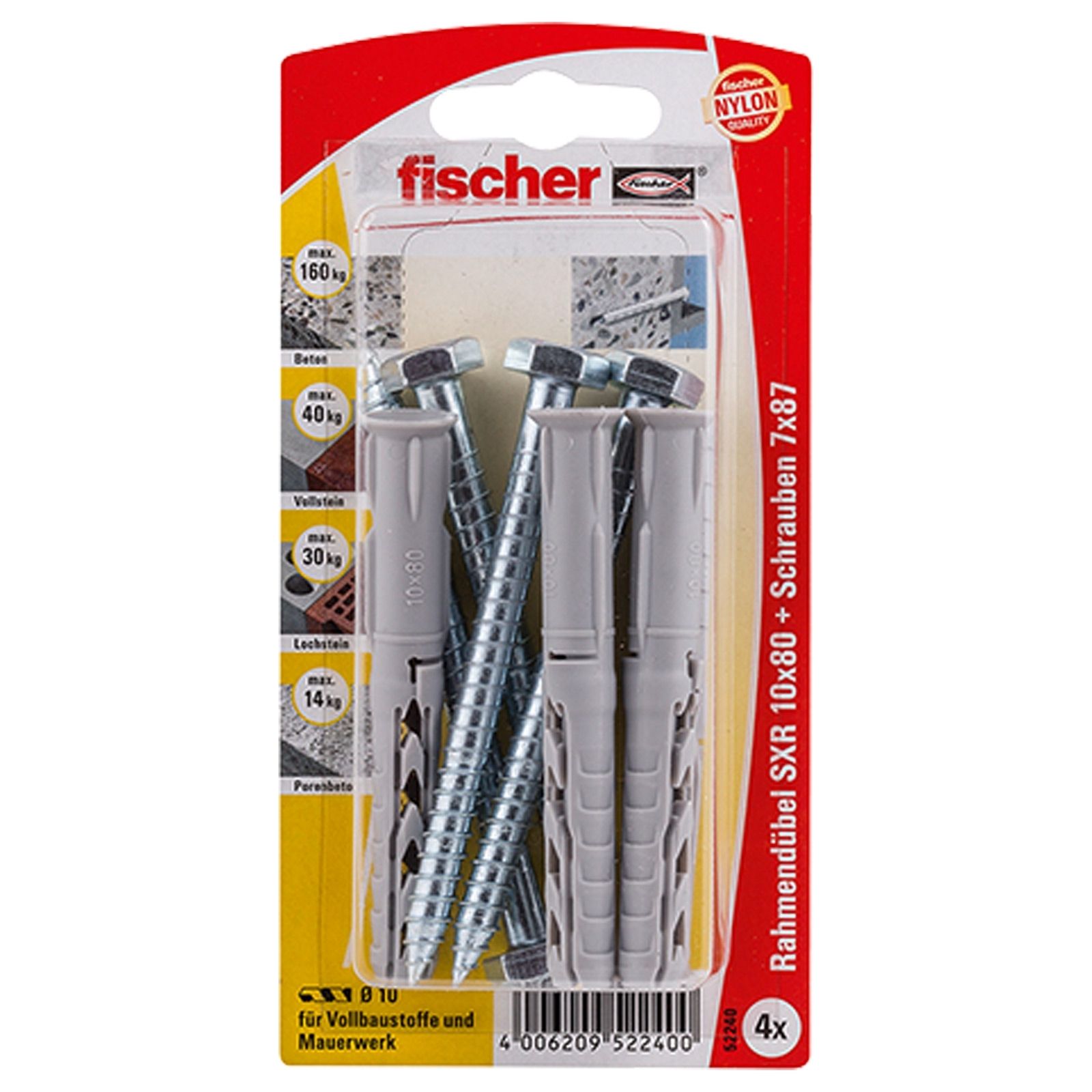 Fischer 4x cheville à tige longue SXR 10 x 80 vis hexagonale - 52240 — lot de 4 pièces