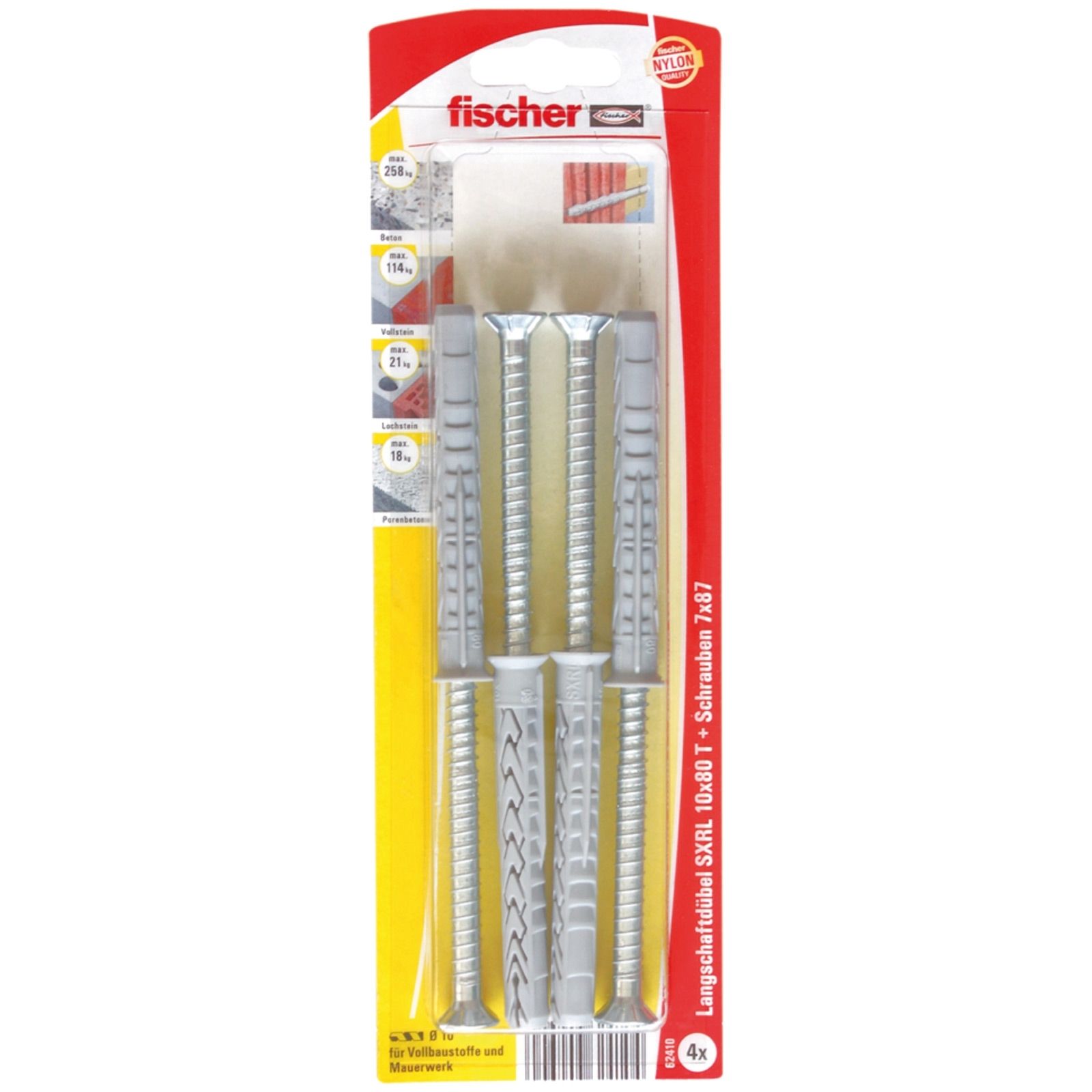 Fischer 4 chevilles à long fût SXRL 10x80 avec vis à tête fraisée TX40 - 62410 — lot de 4 pièces