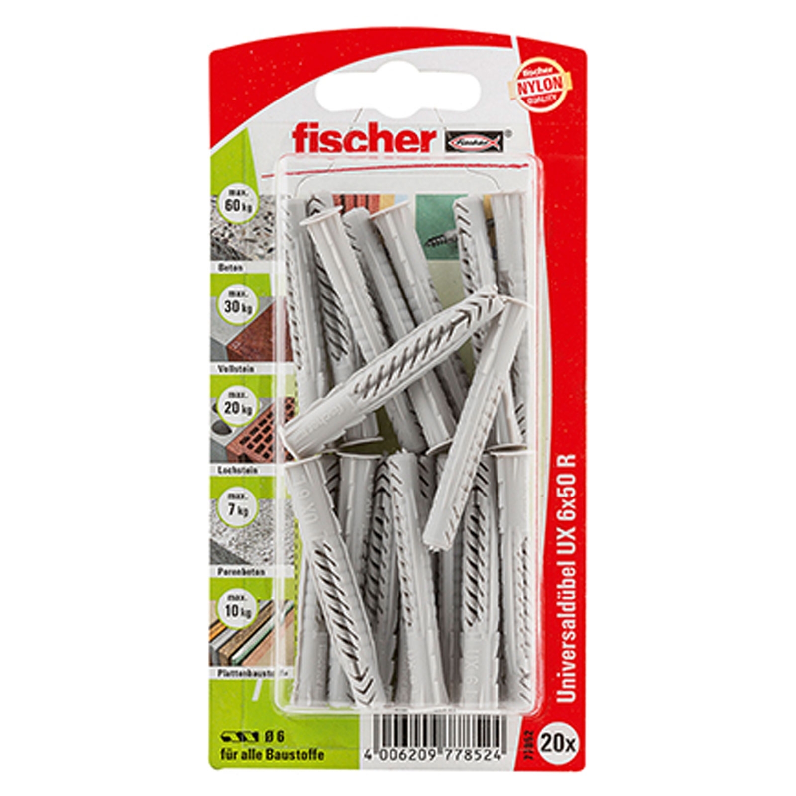 Cheville universelle Fischer UX 6 x 50 mm R avec collerette - 77852 — lot de 20 pièces