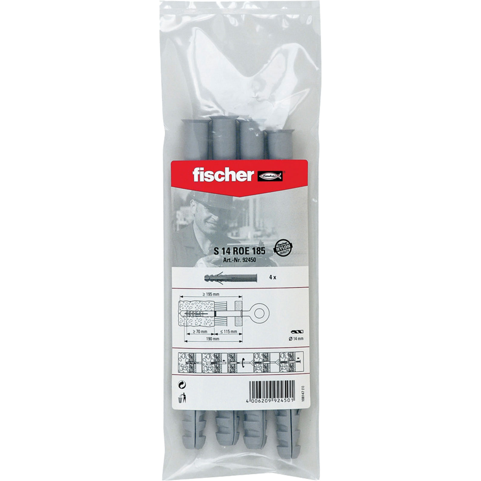 Fischer 4x cheville S 14 ROE 185 B sachet - 092450 — lot de 4 pièces