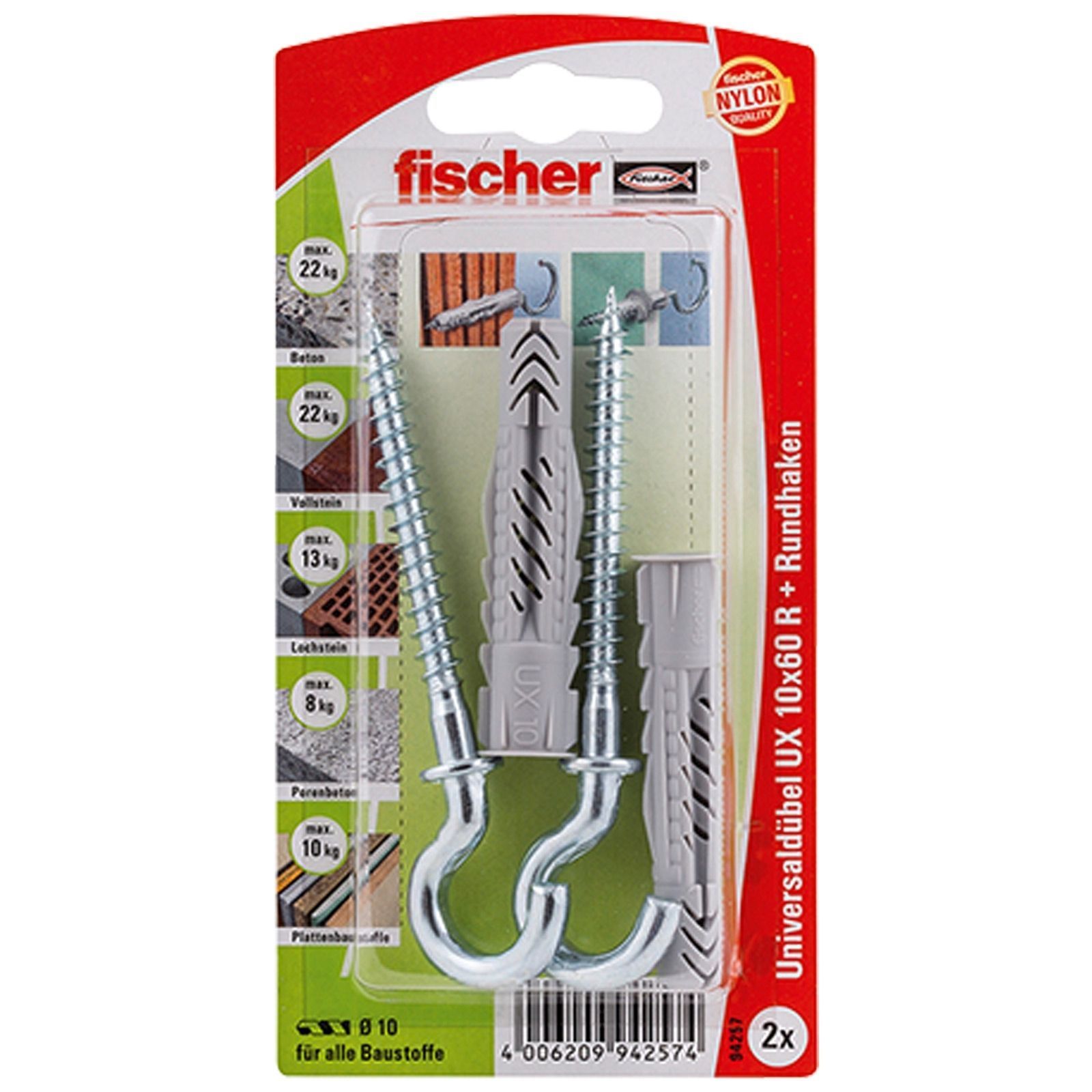 Fischer 2 chevilles universelles UX 10x60 R RH avec crochet rond - 94257 — lot de 2 pièces