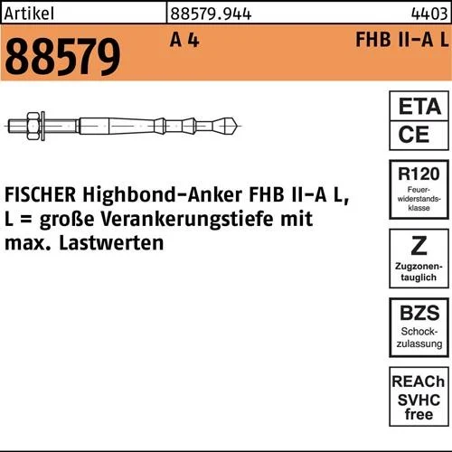 Cheville chimique à expansion FHB II-A L M10x95/60 R inox Fischer — lot de 10 pièces