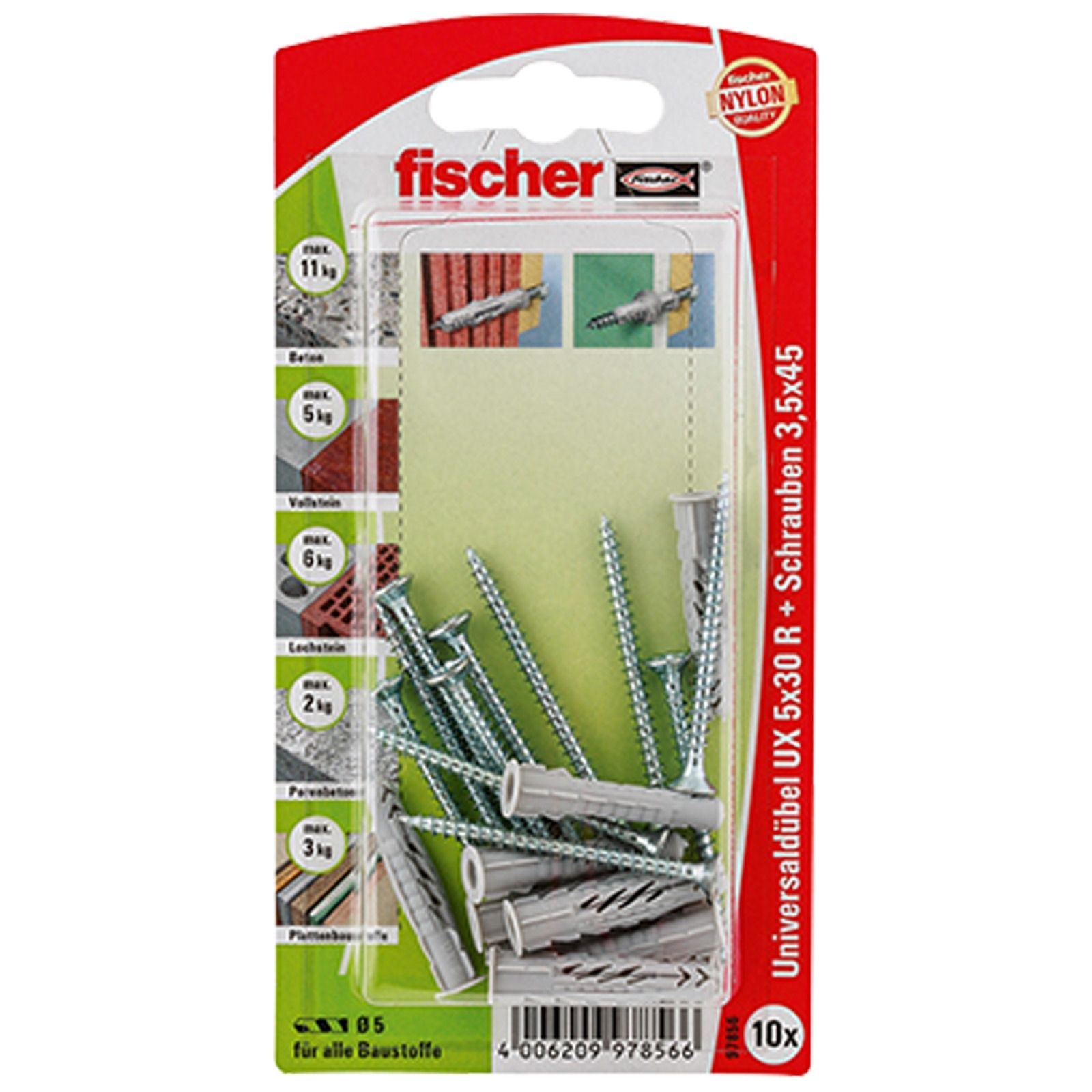 Fischer 10x Cheville universelle UX 5x30 R S avec rebord et vis - 97856 — lot de 10 pièces