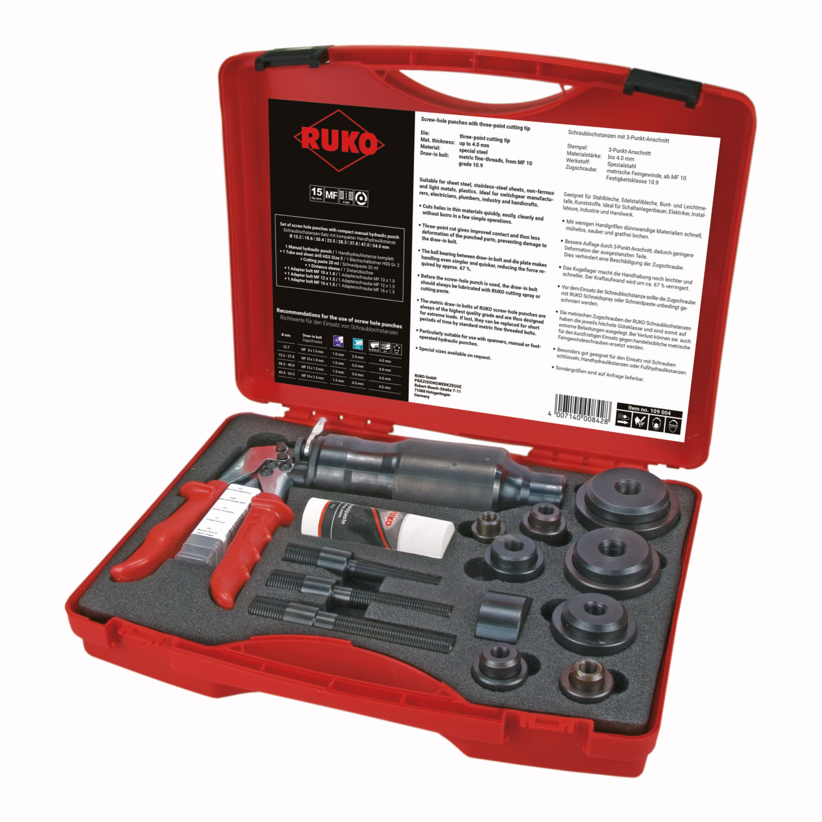 Jeu de poinçons à vis RUKO avec poinçonneuse hydraulique manuelle compacte en coffret plastique - 14 pièces - 109004