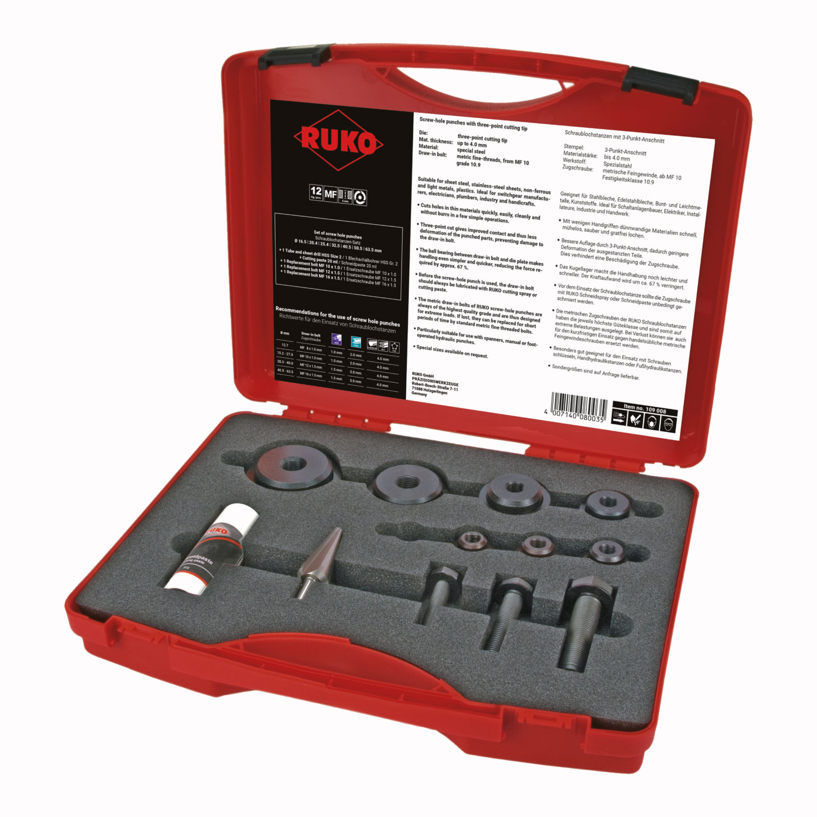 Jeu de poinçons à trous filetés RUKO en coffret plastique - 12 pièces - 109008