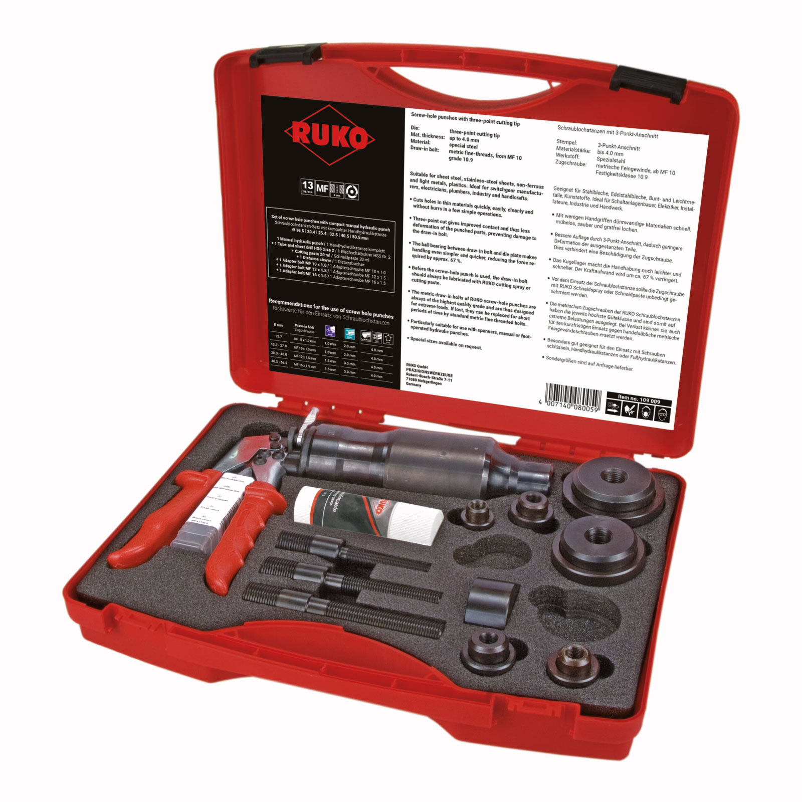 Jeu de poinçons à trous filetés RUKO avec poinçon hydraulique compact en coffret plastique - 12 pièces - 109009