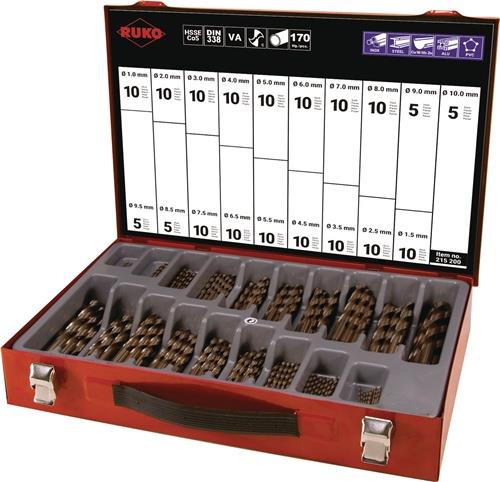 Boîte à mèches hélicoïdales DIN 338 Type N 1-10 mm par pas de 0,5 mm HSS-Co5 - 170 pièces - RUKO