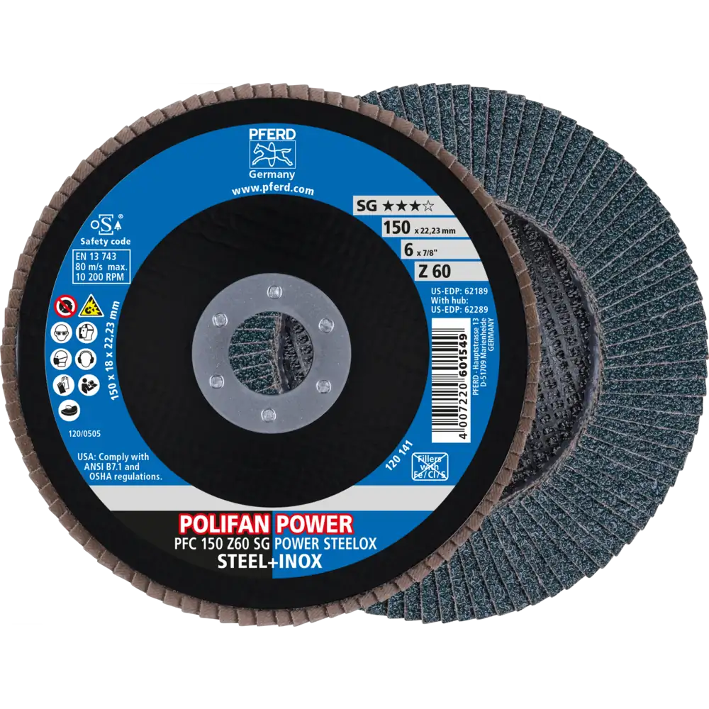 PFERD TOOLS Disque à lamelles POLIFAN POWER PFC conique en corindon zirconium SG STEELOX pour acier/inox