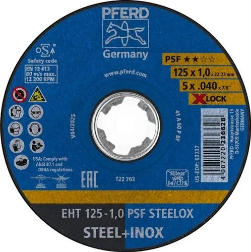 Disque de tronçonnage X-LOCK PSF STEELOX D125x1mm pour INOX PFERD Tools — lot de 25 pièces