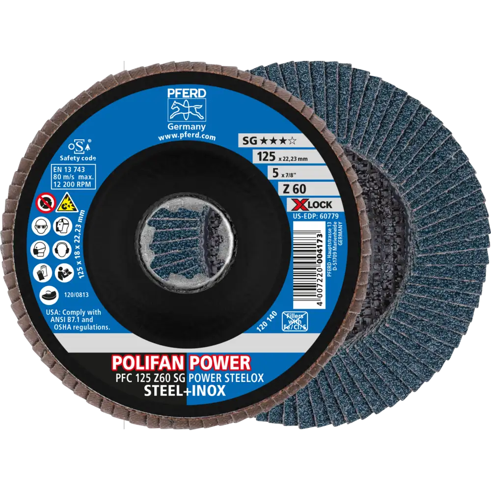 PFERD TOOLS POLIFAN POWER Fächerscheibe PFC X-LOCK conique corindon zirconium SG STEELOX acier/inox
