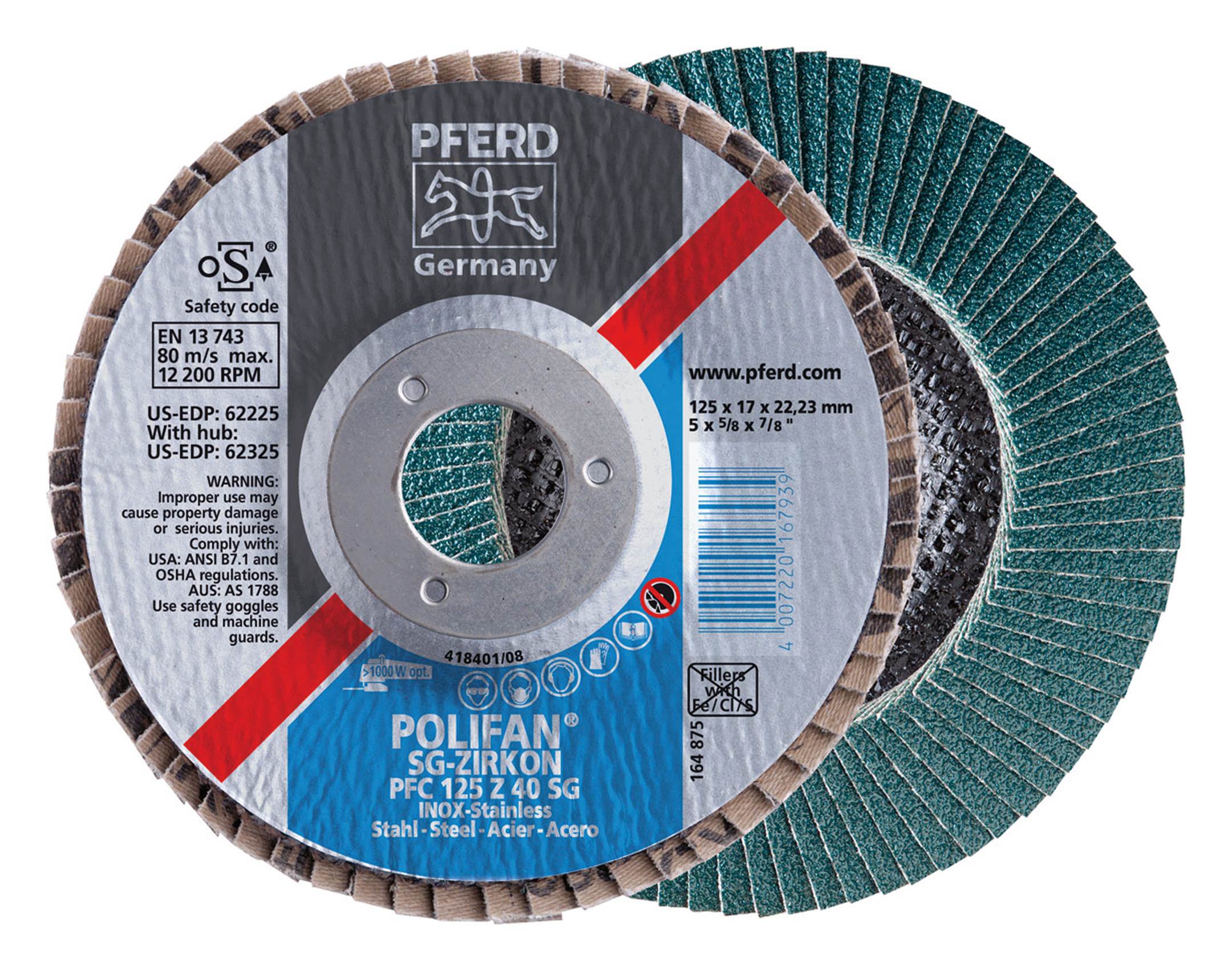 PFERD TOOLS POLIFAN POWER Disque à lamelles PFF plat Zirkonkorund SG STEELOX Acier/Acier inoxydable