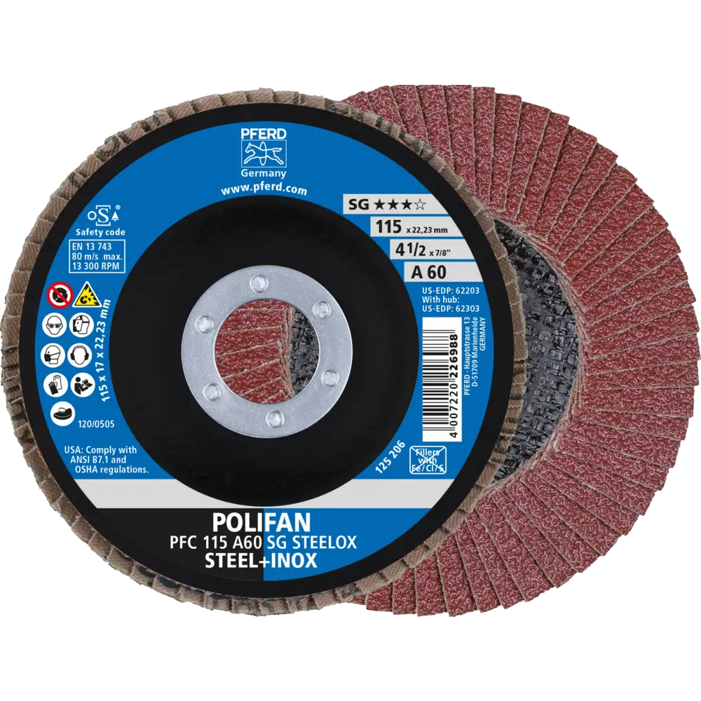PFERD TOOLS POLIFAN Meule à lamelles PFC conique SG STEELOX Acier/acier inoxydable