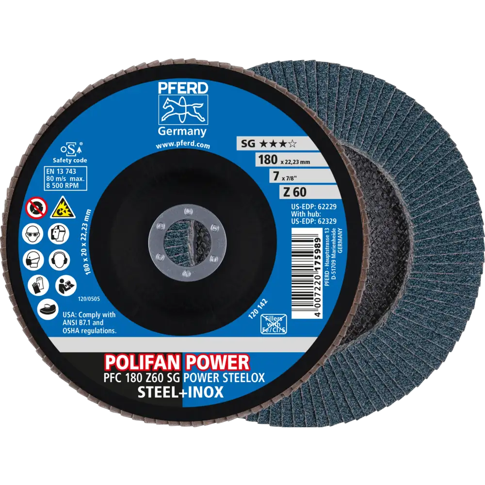 PFERD TOOLS POLIFAN POWER Disque à lamelles PFC conique Zirkonkorund SG STEELOX Acier/Acier inoxydable