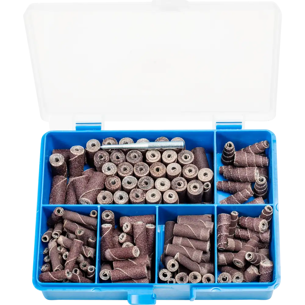 Set POLIROLL de PFERD TOOLS - 150 pièces de rouleaux de ponçage cylindriques et coniques avec porte-outil — lot de 150 pièces
