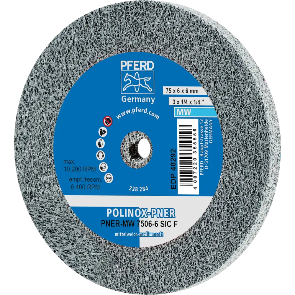 Roue en non-tissé POLINOX PNER pour meuleuses droites, arbres flexibles et blocs de ponçage, grain fin