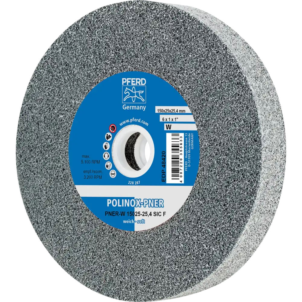 Roue en non-tissé comprimé PFERD TOOLS POLINOX PNER pour ponceuses droites, arbres flexibles et blocs de ponçage