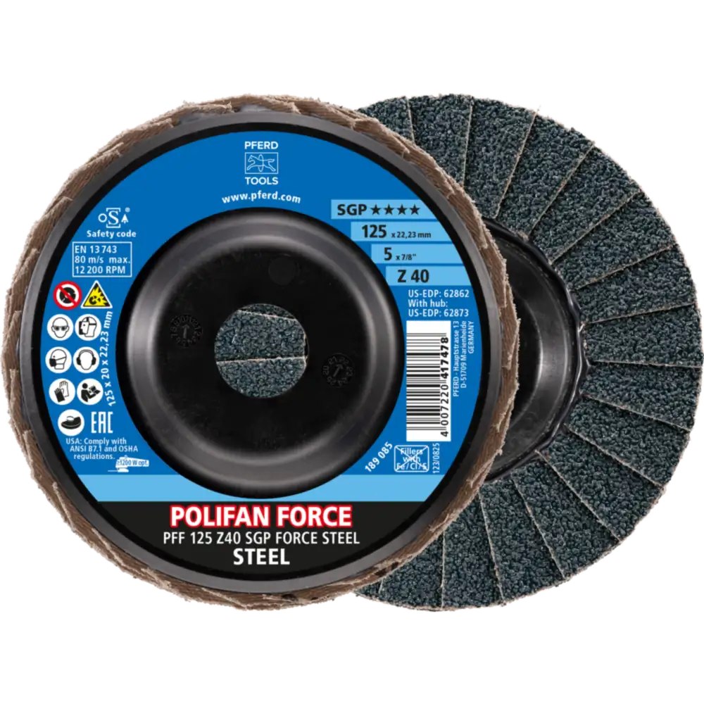 Disque à lamelles PFERD TOOLS POLIFAN FORCE PFF conique ligne spéciale SGP STEEL pour acier