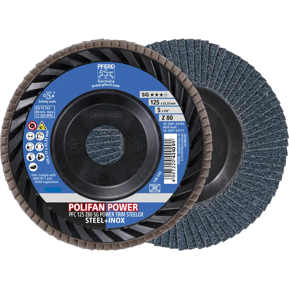 Disque à lamelles PFERD TOOLS POLIFAN POWER PFC conique ligne performante SG TRIM STEELOX pour acier/inox