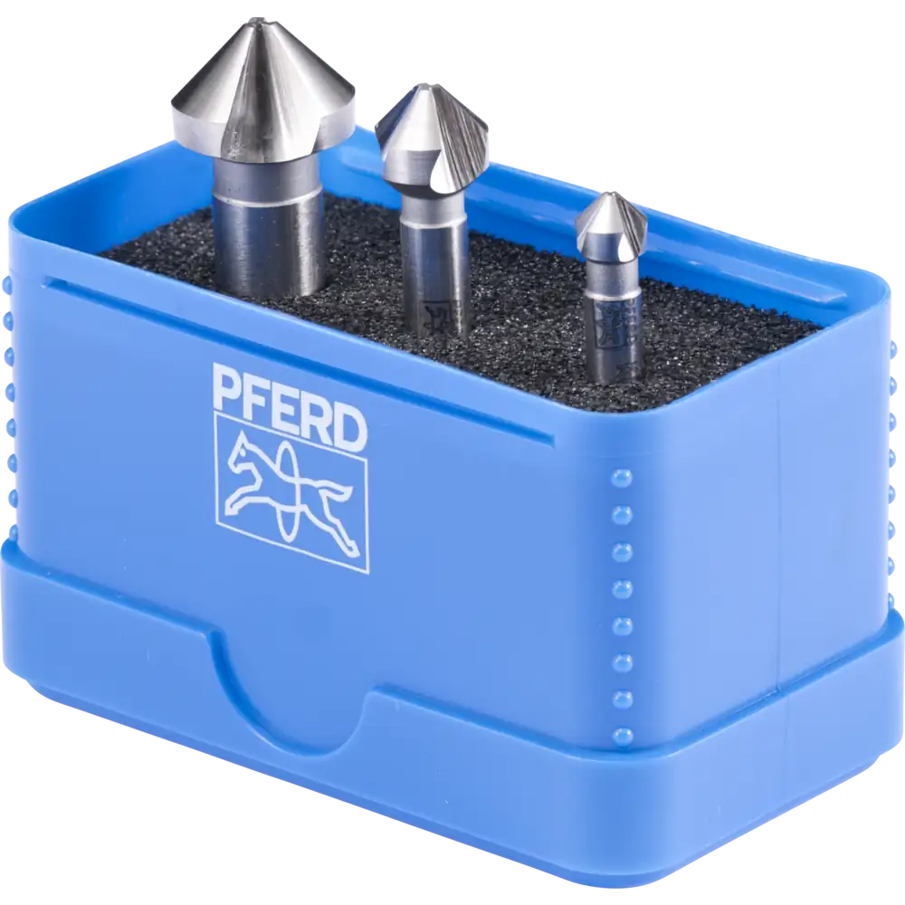 Jeu de fraises coniques à 90° PFERD TOOLS HSSE 3 pièces UGT DIN 335 C (exécution Co5 avec division inégale) — lot de 3 pièces