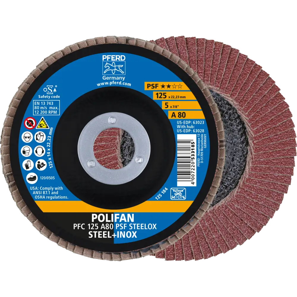 Disque à lamelles POLIFAN PFC conique Korund A Universallinie PSF STEELOX acier/inox de PFERD TOOLS