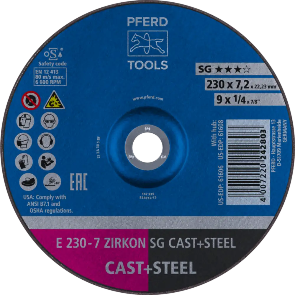 Disque à ébarber E ZIRKON ligne performante SG CAST+STEEL de PFERD TOOLS pour fonte/acier