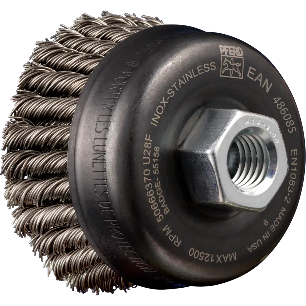 Brosse à cupule PFERD TOOLS POS 2 rangées torsadées TBG HD 65 mm M14 fil en acier inoxydable pour meuleuse d'angle