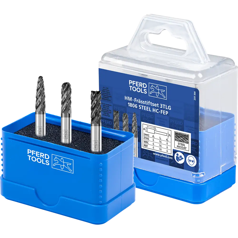 PFERD TOOLS Set de 3 fraises de forme haute performance en carbure 1806 STEEL - Ø 6 mm - Diamètre de tige 6 mm - Revêtement HICOAT pour acier