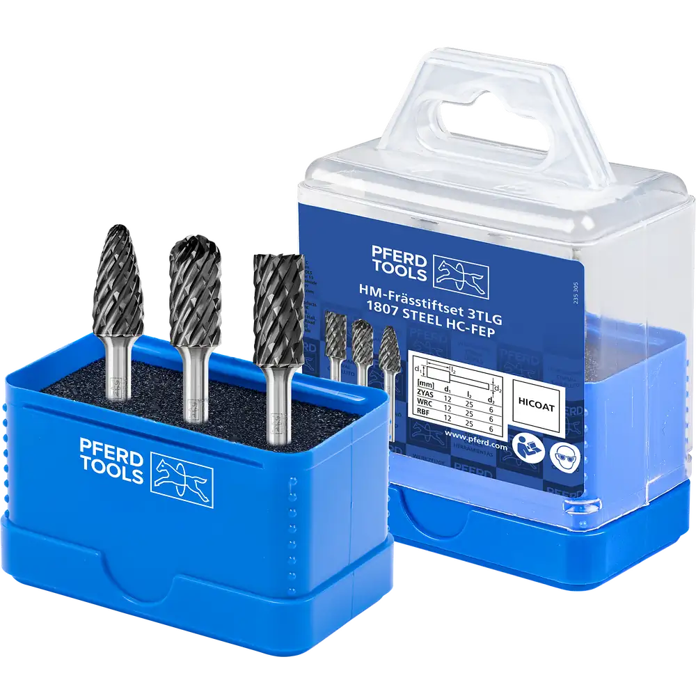 Set de fraises carbure haute performance PFERD TOOLS 1807 STEEL 3 pièces Ø 12mm, Ø de tige 6mm, revêtement HICOAT pour acier
