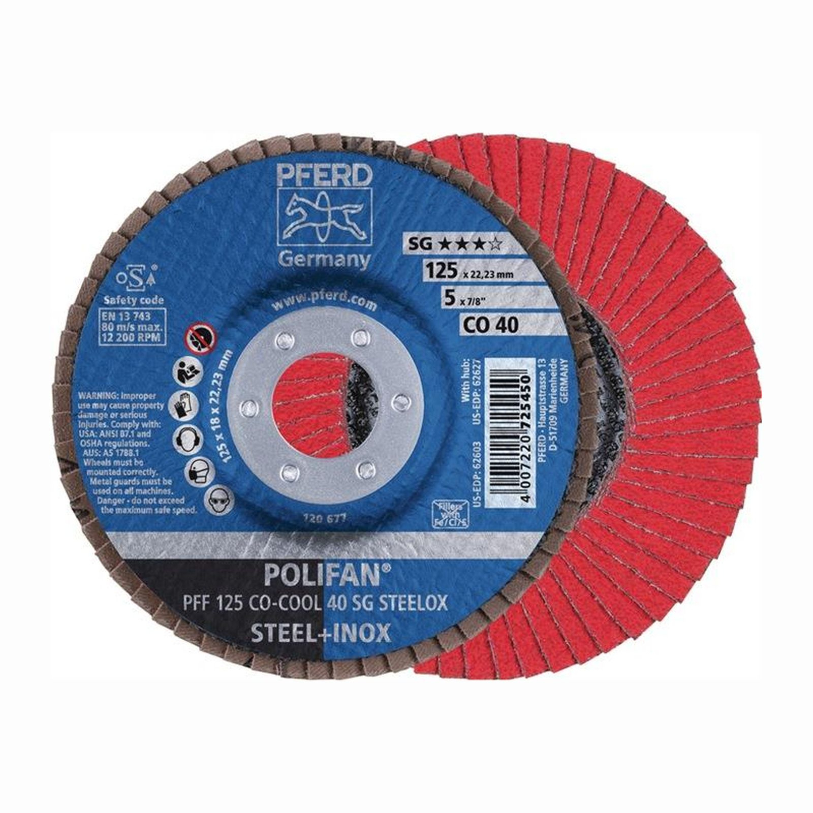 PFERD TOOLS POLIFAN Disque à lamelles PFF plat CO-COOL SG STEELOX acier/acier inoxydable — lot de 10 pièces