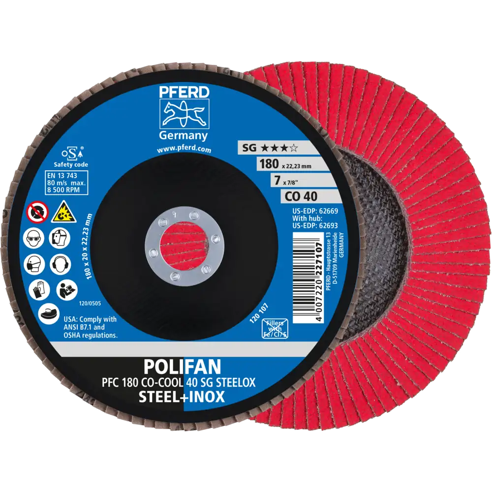 PFERD TOOLS POLIFAN Disque à lamelles PFC conique CO-COOL SG STEELOX acier/acier inoxydable