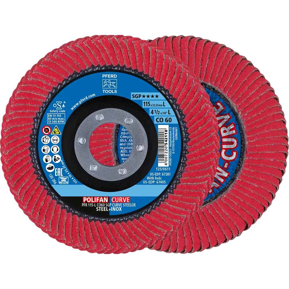 PFERD TOOLS POLIFAN CURVE Disque à éventail PFR 115x22,23 mm L CO60 SGP STEELOX pour acier/inox (POS 2)