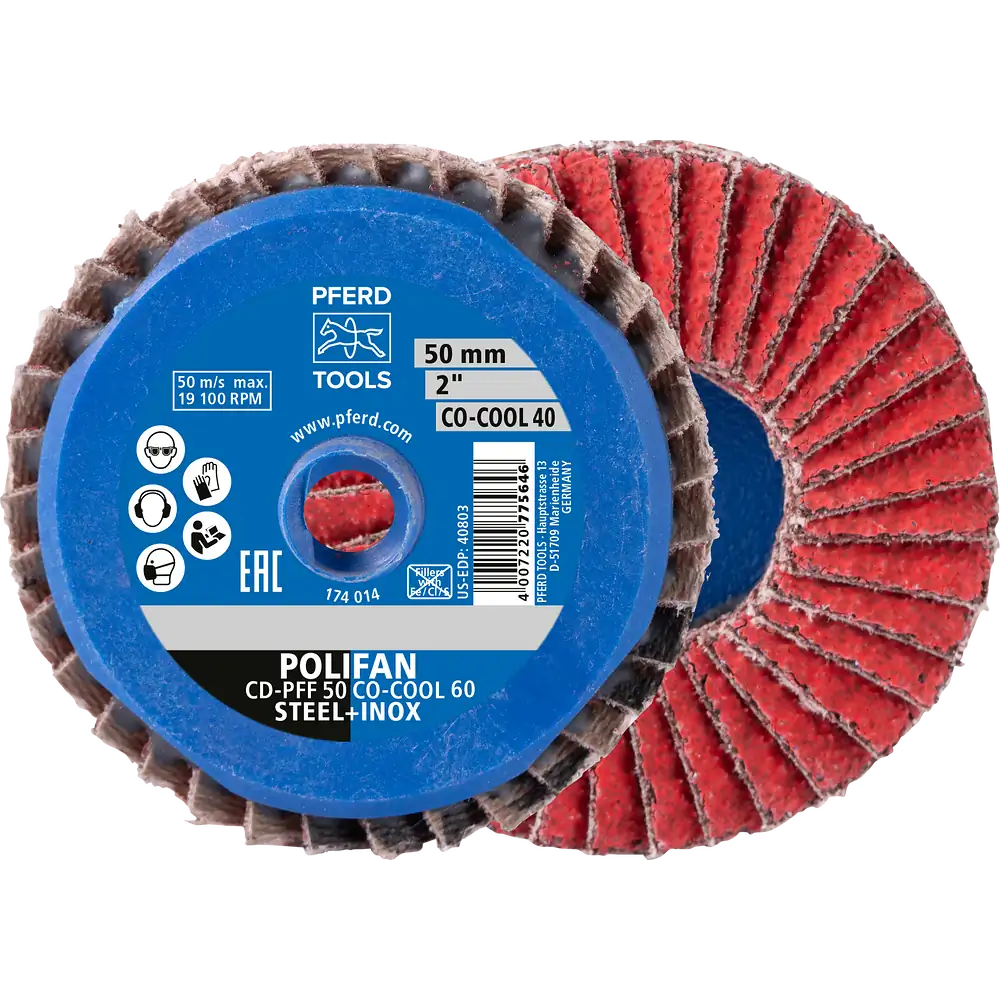 PFERD TOOLS COMBIDISC Grain céramique Mini-POLIFAN CD Ø 50 mm CO-COOL80 pour un ponçage frais sur acier inoxydable