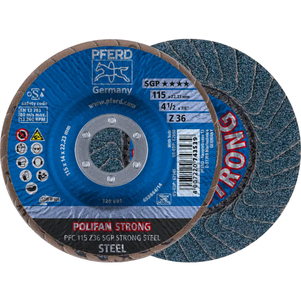 PFERD TOOLS POLIFAN STRONG Disque à lamelles PFC conique ligne spéciale SGP STEEL pour acier