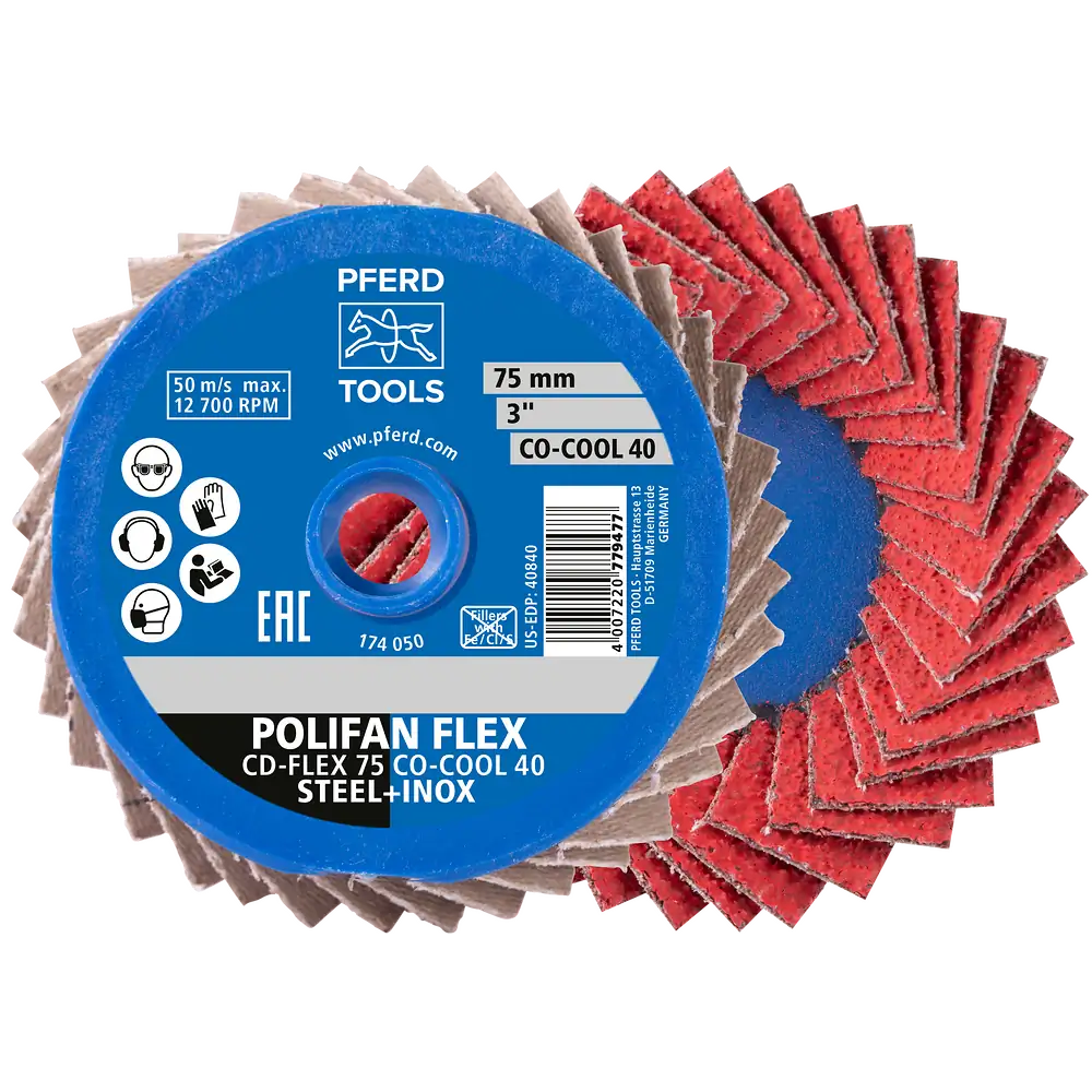 PFERD TOOLS COMBIDISC Flexibel Keramikkorn Mini-POLIFAN CD Ø 75 mm CO-COOL40 pour meulage refroidi sur acier inoxydable
