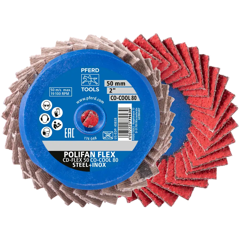 PFERD TOOLS COMBIDISC Flexibel Keramikkorn Mini-POLIFAN CDR Ø 50 mm CO-COOL120 pour meulage refroidi sur acier inoxydable