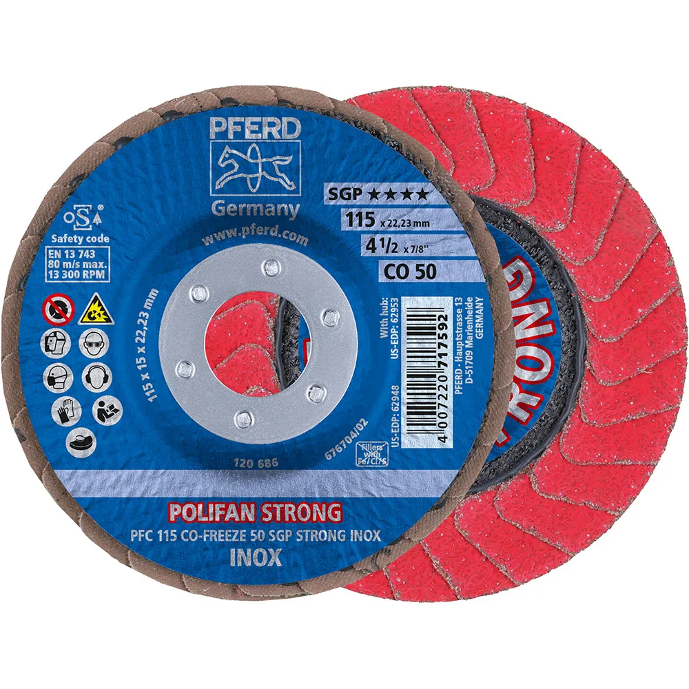 PFERD TOOLS Meule à lamelles POLIFAN STRONG PFR conique CO-FREEZE SGP INOX pour acier inoxydable