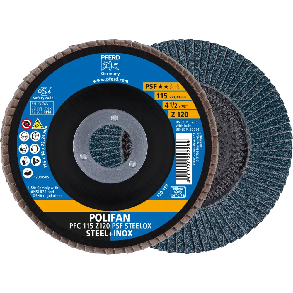 Disque à lamelles POLIFAN PFC conique en corindon zirconium ligne universelle PSF STEELOX acier/inoxydable
